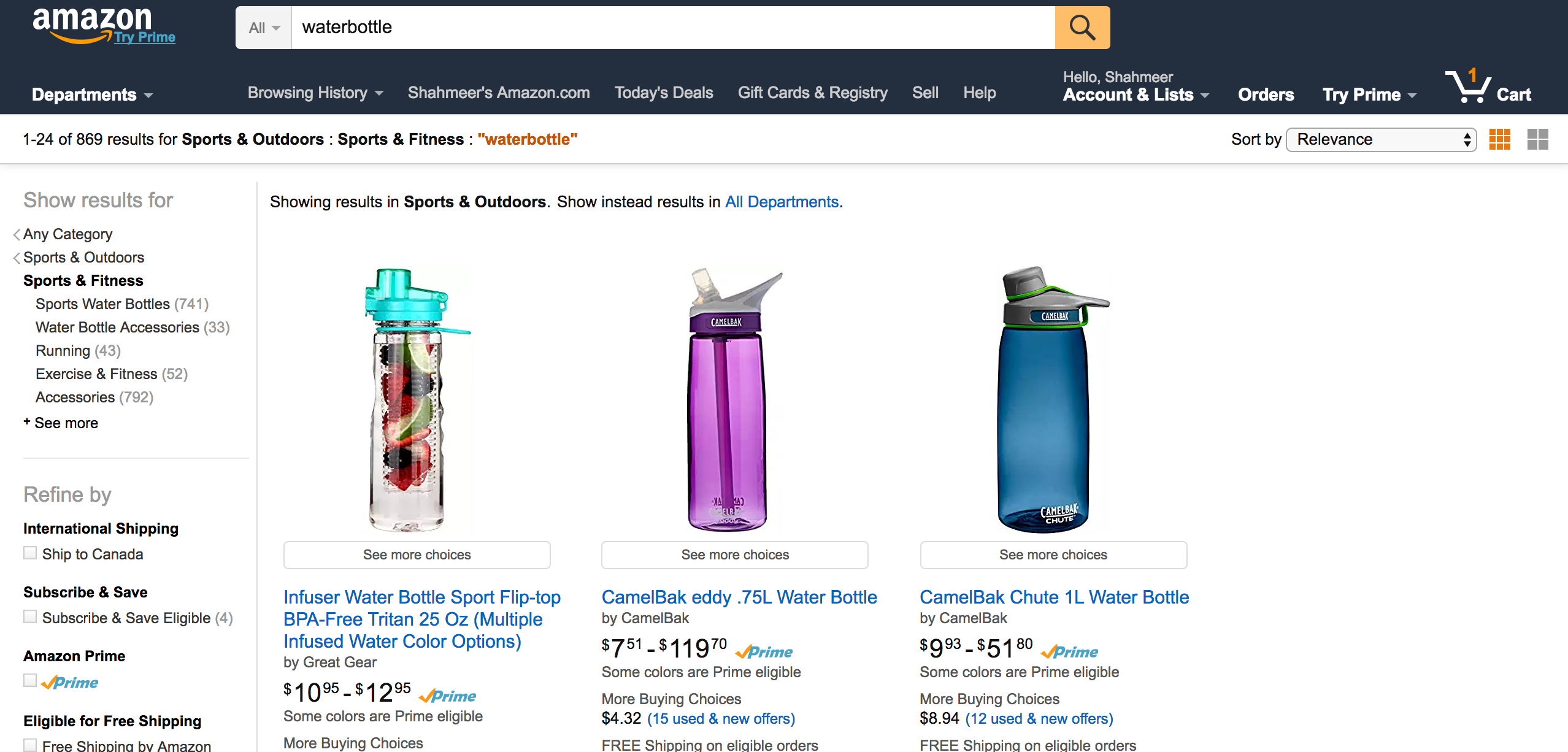 Amazon water bottle search
